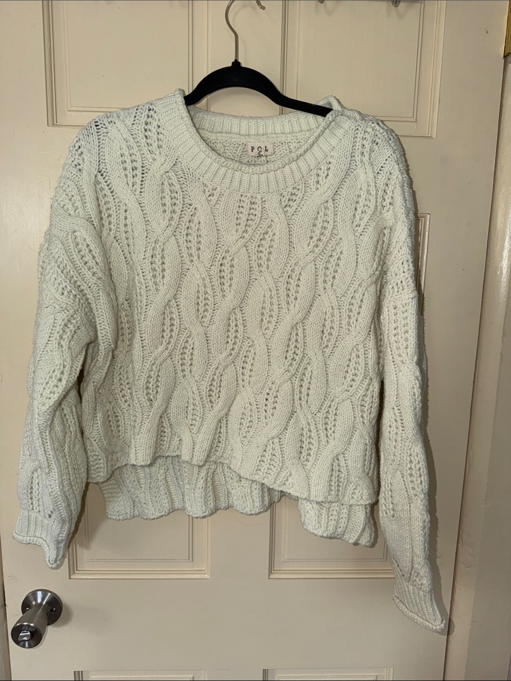 POL Cream Cable-Knit Crewneck Sweater